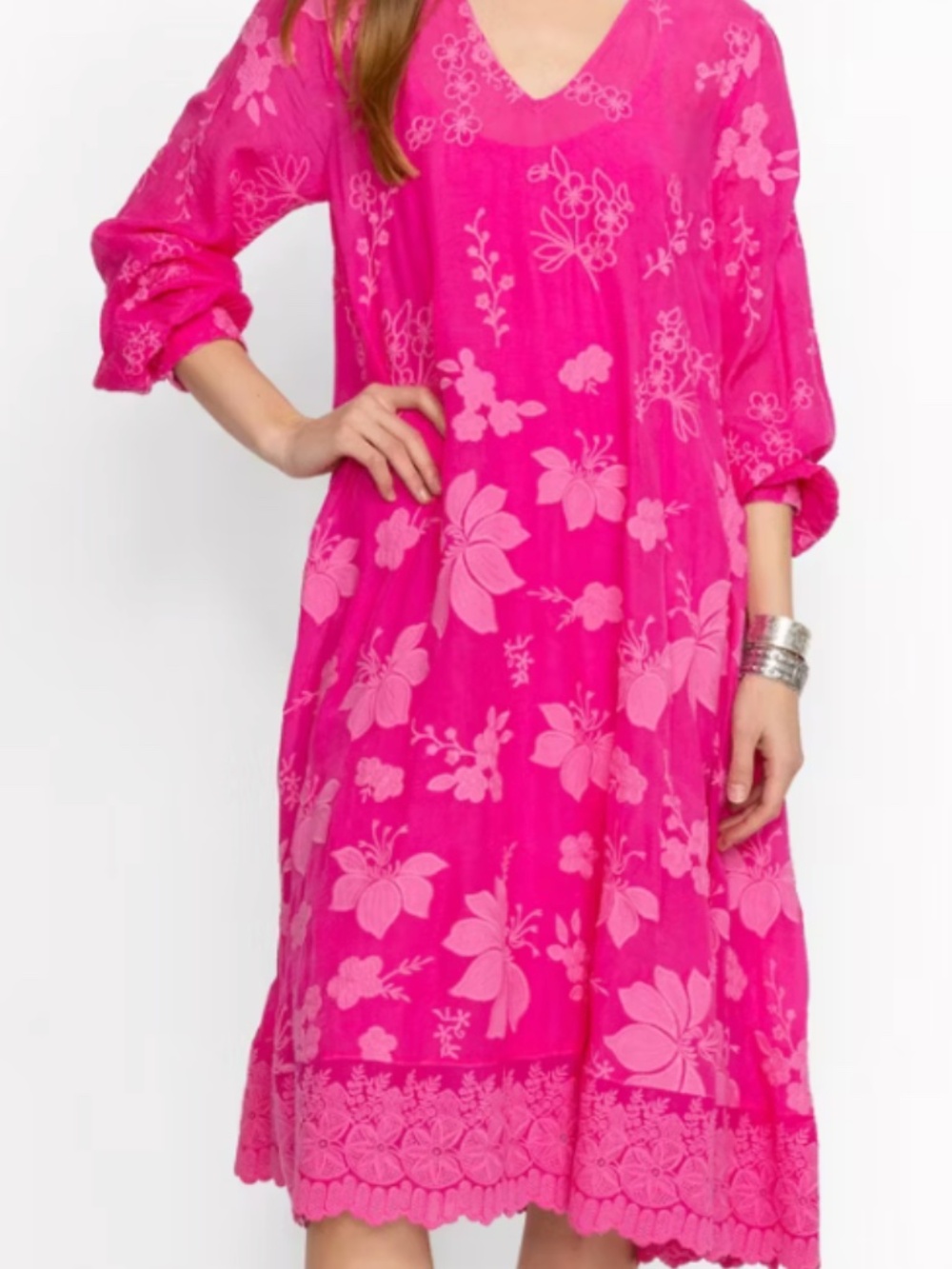Johnny Was Nathy Lily Hot Pink Floral Embroidered V-Neck Dress